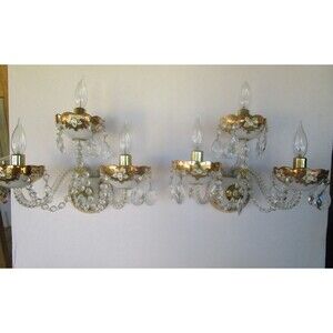 Czech Bohemian Crystal Wall Lamp Sconces 3 Arm Hand Painted Czechoslovakia Set